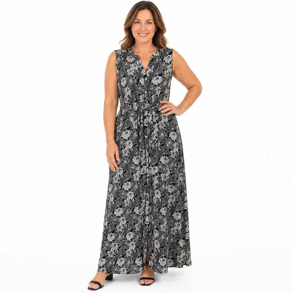 Talbots Black White Floral Maxi Sleeveless Rayon Button Up Shirt Dress & Belt 14